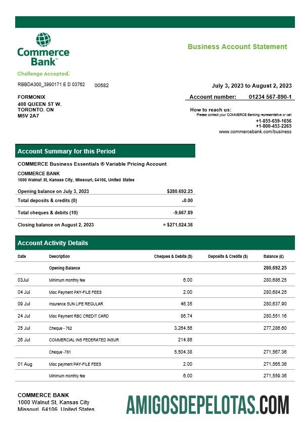 Em branco Commerce Bank Firm modelo de extrato de conta Word e PDF